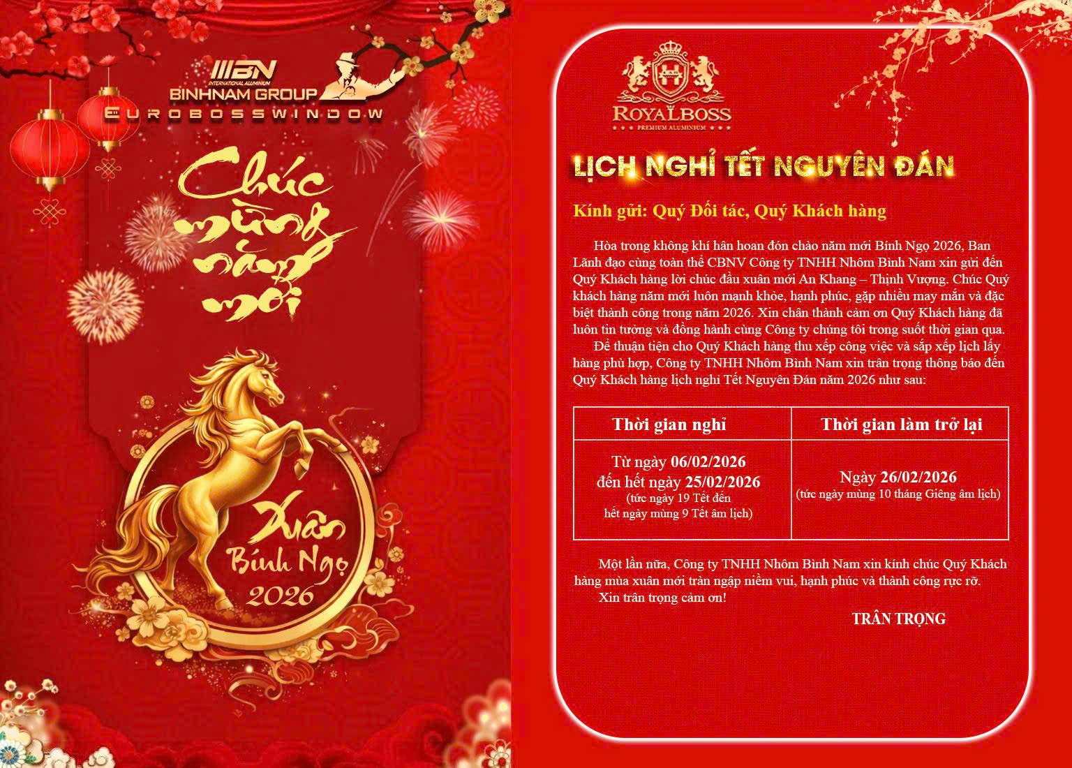 THÔNG BÁO LỊCH NGHỈ TẾT NGUYÊN ĐÁN BÍNH NGỌ 2026 công ty nhôm Bình Nam