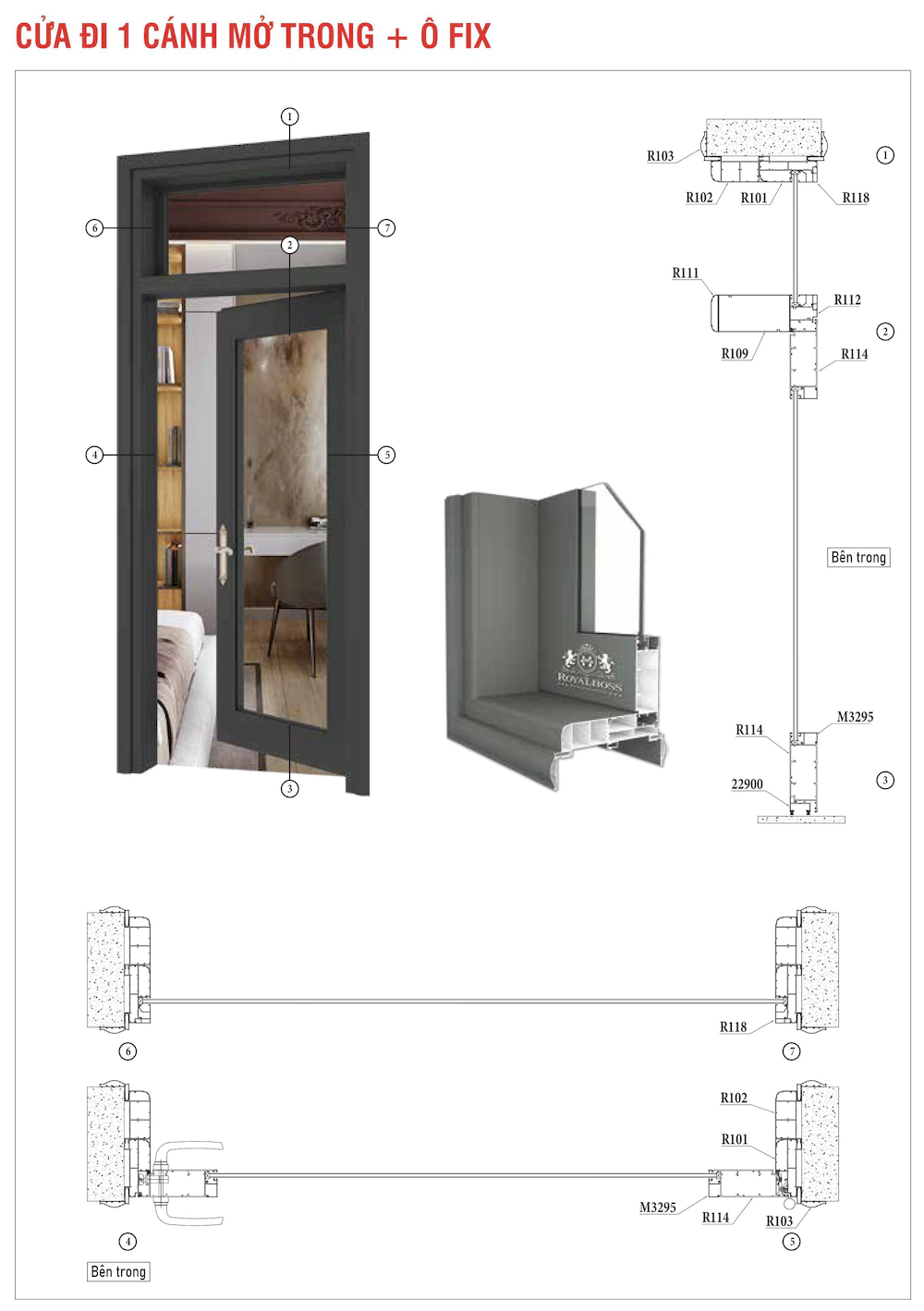 Nhôm hệ chấn song xingfa bản lớn cửa đi 1 cánh mở trong ô fix mặt cắt