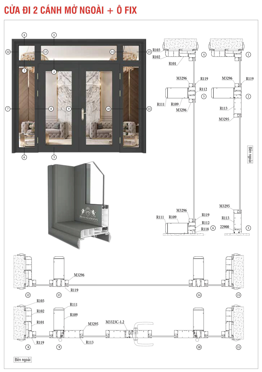 Nhôm hệ chấn song xingfa bản lớn cửa đi 2 cánh mở ngoài ô fix mặt cắt