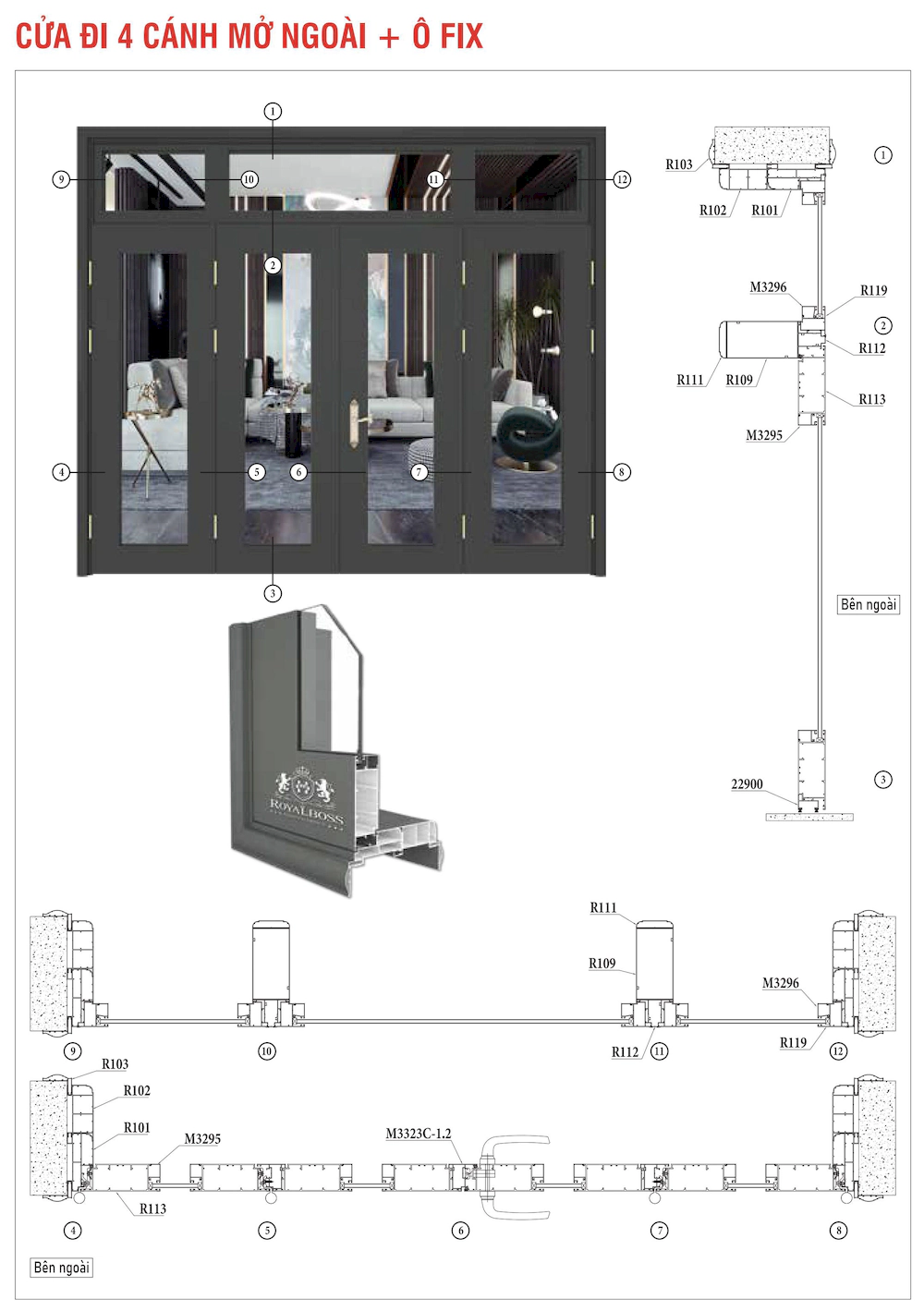 Nhôm hệ chấn song xingfa bản lớn cửa đi 4 cánh mở ngoài ô fix mặt cắt