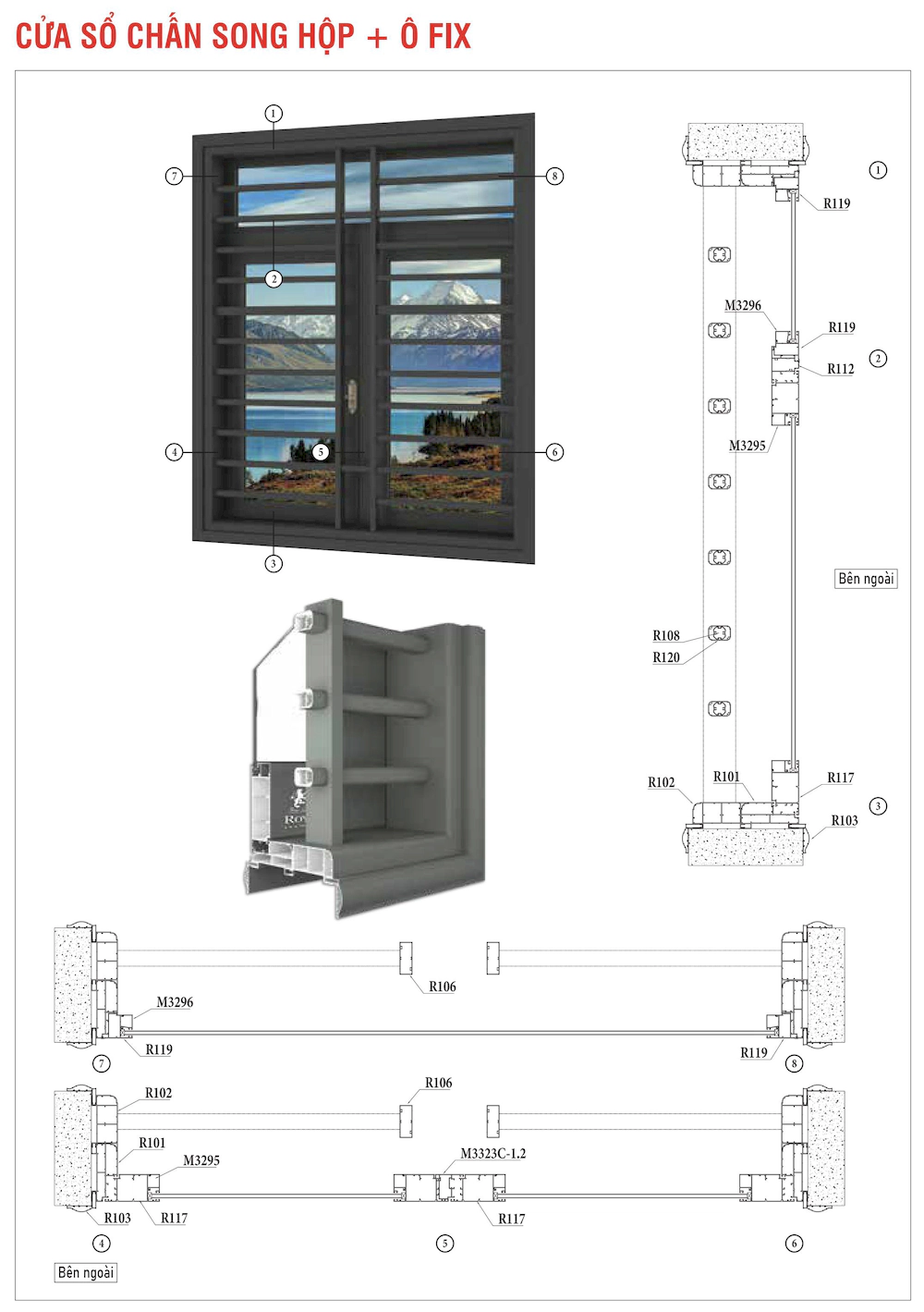 Nhôm hệ chấn song xingfa bản lớn cửa sổ chấn song hộp ô fix mặt cắt