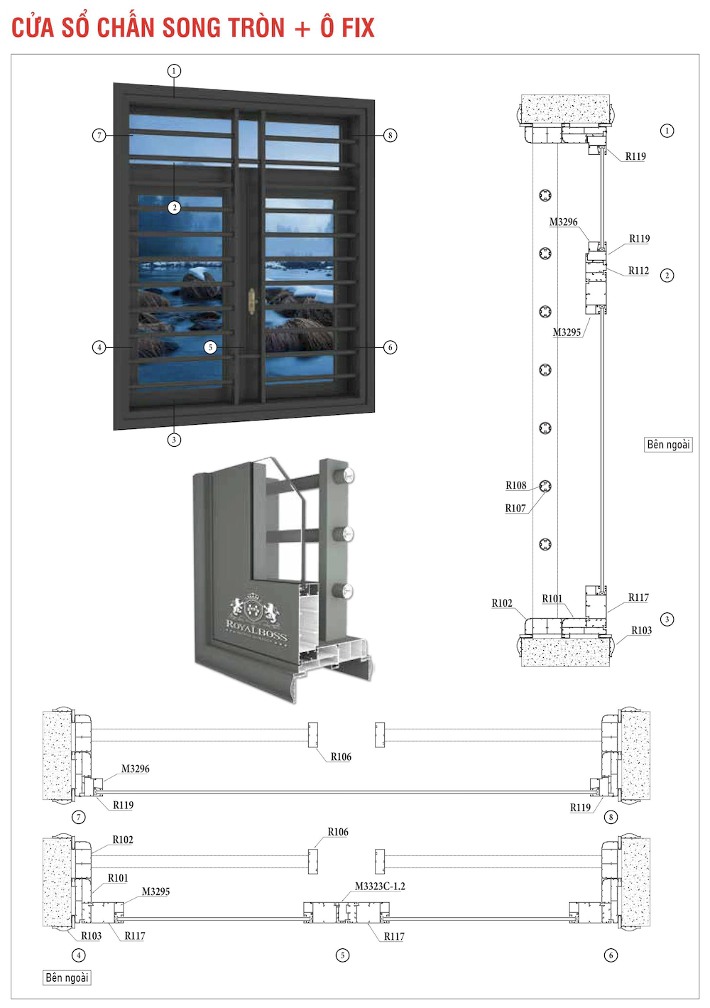Nhôm hệ chấn song xingfa bản lớn cửa sổ chấn song tròn ô fix mặt cắt