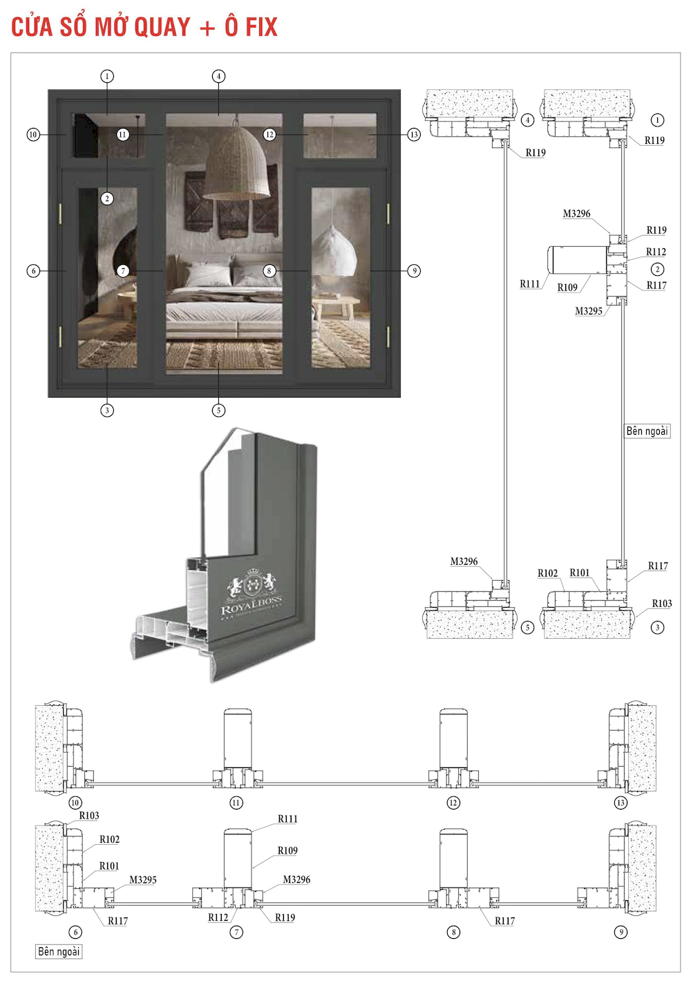 Nhôm hệ chấn song xingfa bản lớn cửa sổ mở quay ô fix mặt cắt