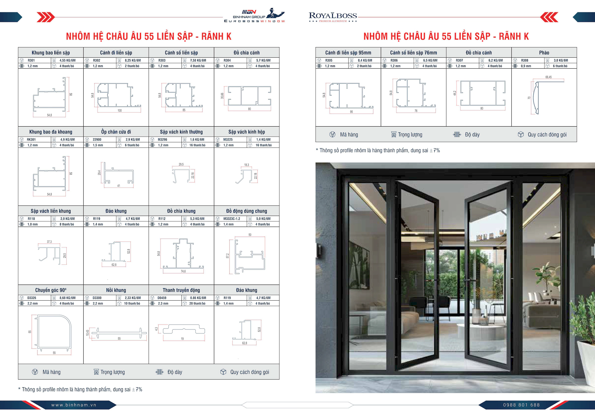 Nhôm hệ Châu Âu 55 Liền Sập rãnh K mặt cắt