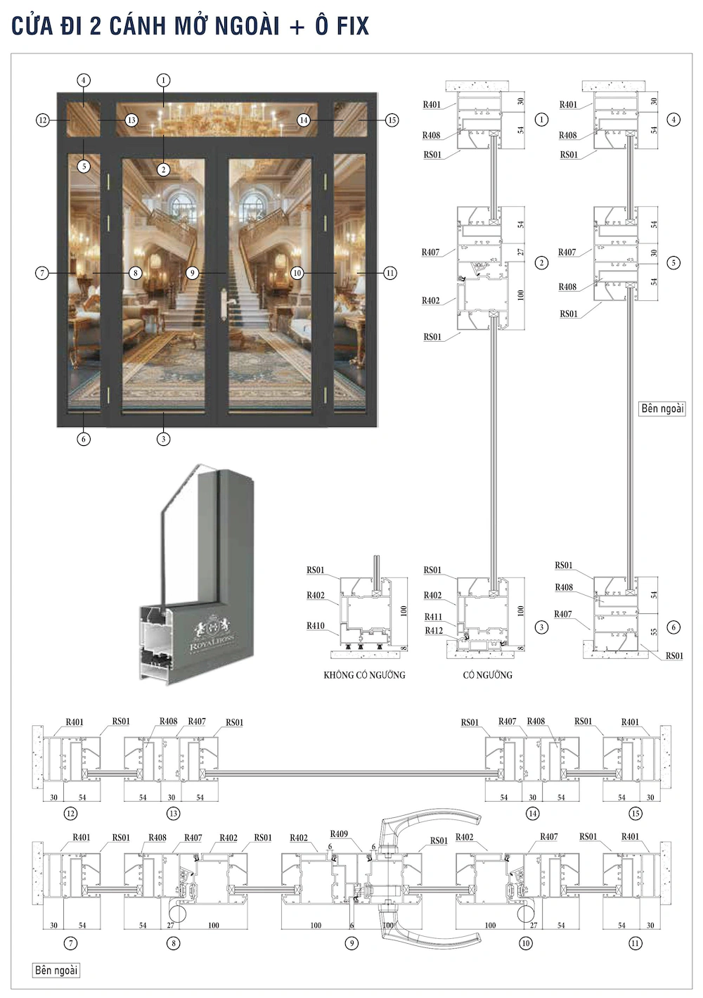 Nhôm hệ Châu Âu 65 mở quay rãnh C cửa đi 2 cánh mở ngoài ô fix mặt cắt