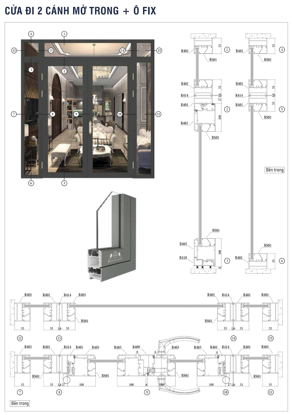 Nhôm hệ Châu Âu 65 mở quay rãnh C cửa đi 2 cánh mở trong ô fix mặt cắt