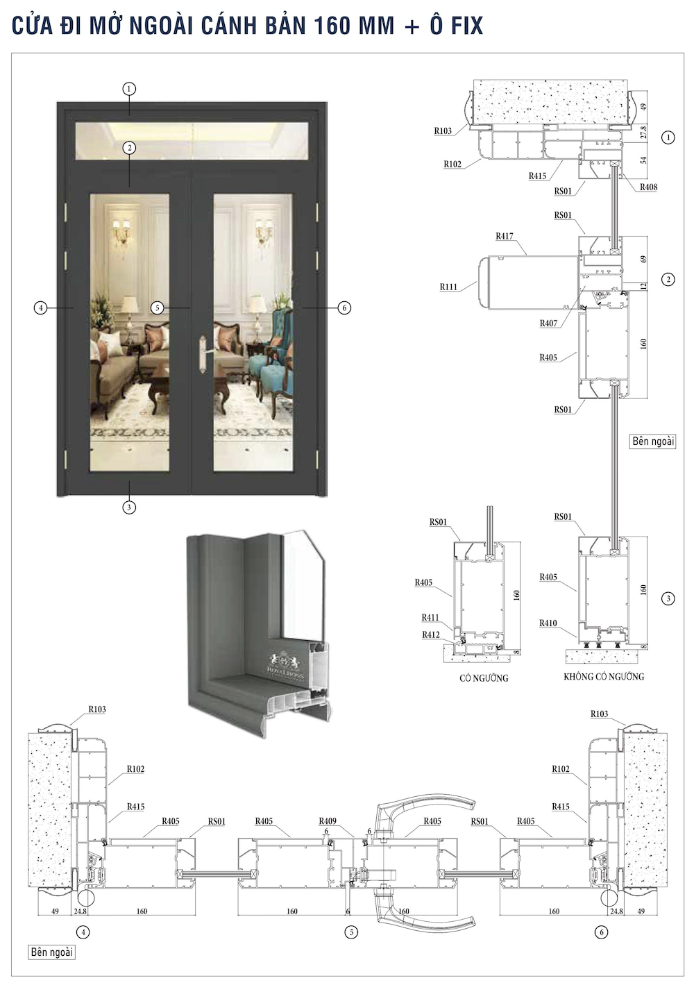 Nhôm hệ Châu Âu 65 mở quay rãnh C cửa đi mở ngoài cánh bản 160mm ô fix mặt cắt