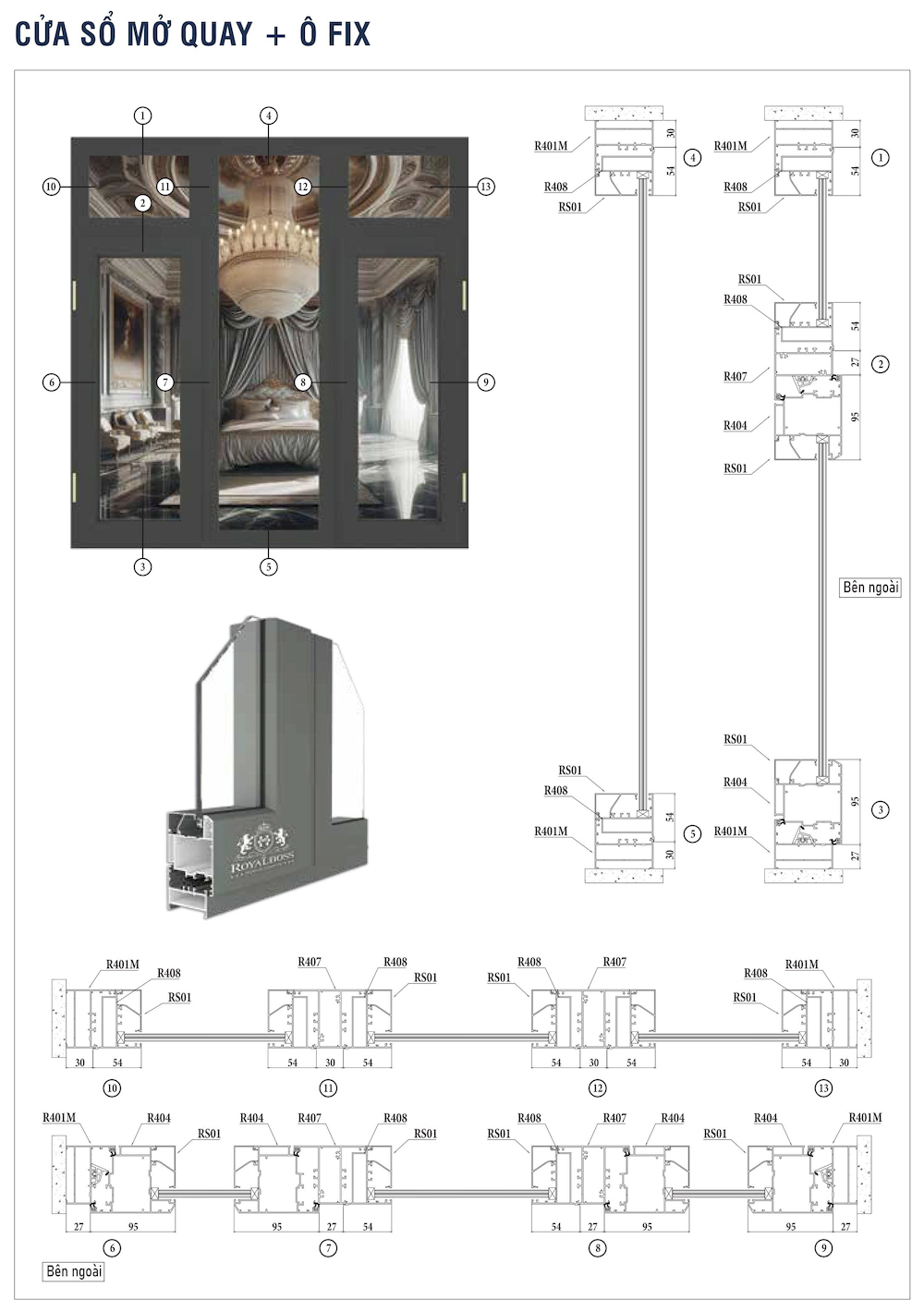 Nhôm hệ Châu Âu 65 mở quay rãnh C cửa sổ 2 cánh ô fix mặt cắt