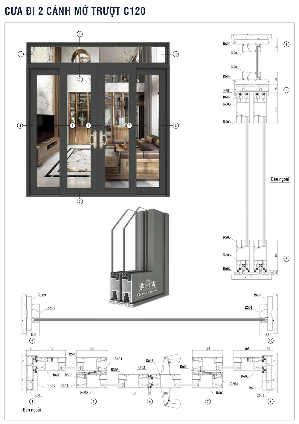 Nhôm hệ Châu Âu mở trượt C120 cửa đi 2 cánh mặt cắt