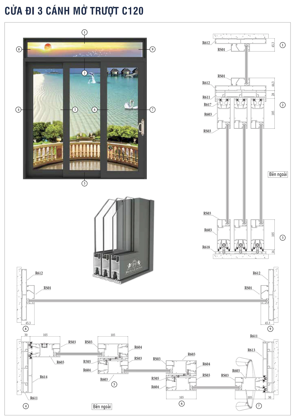 Nhôm hệ Châu Âu mở trượt C120 cửa đi 3 cánh mặt cắt
