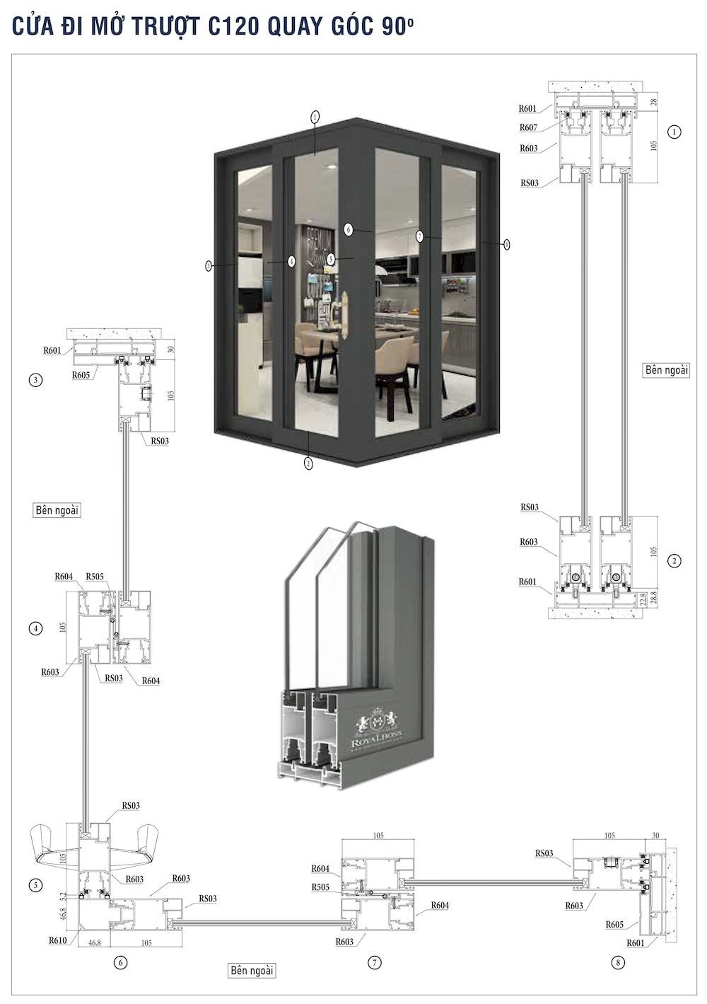 Nhôm hệ Châu Âu mở trượt C120 cửa đi quay góc 90 mặt cắt