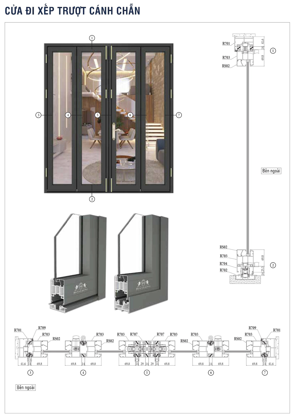Nhôm hệ Châu Âu xếp trượt C80 cửa đi cánh chẵn mặt cắt