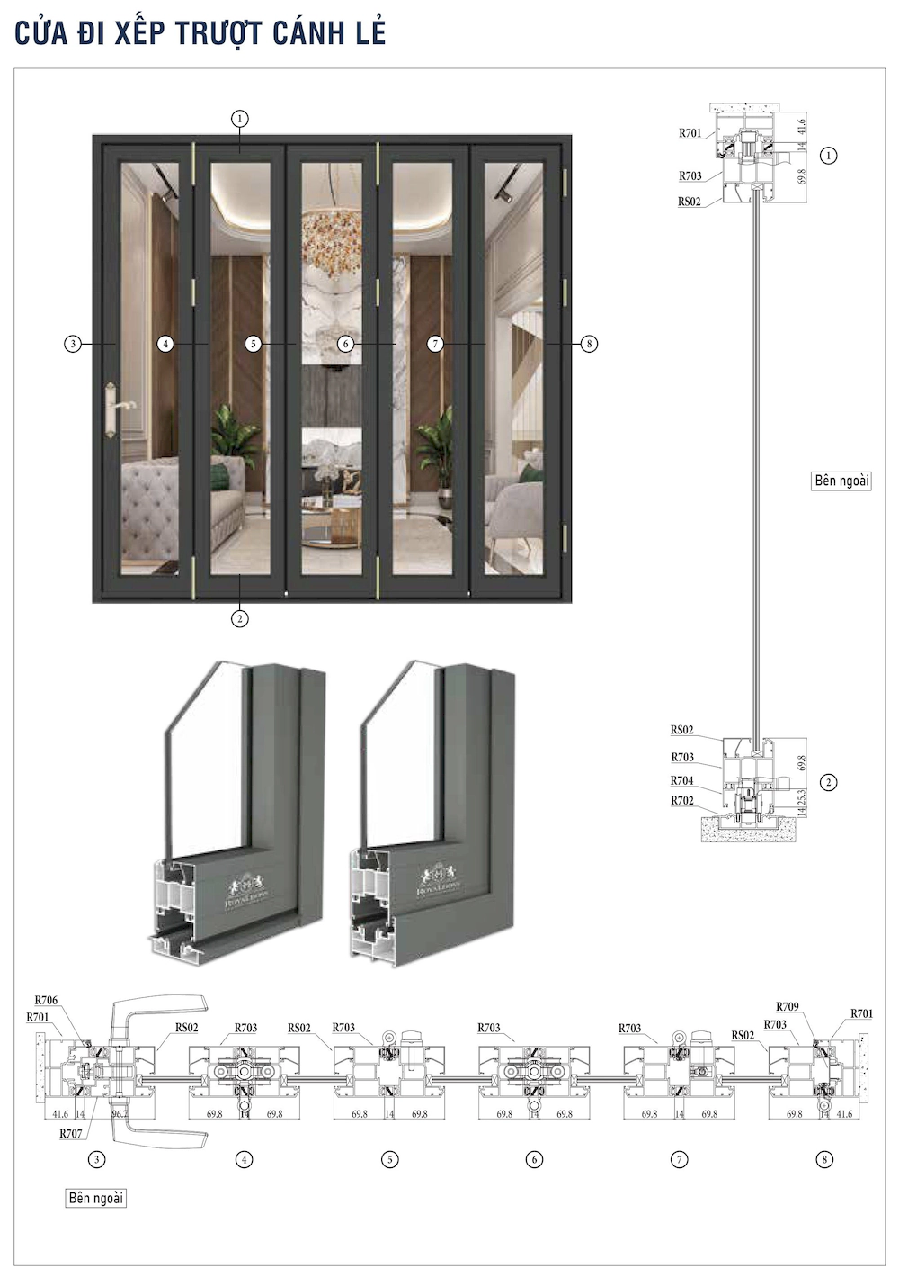 Nhôm hệ Châu Âu xếp trượt C80 cửa đi cánh lẻ mặt cắt