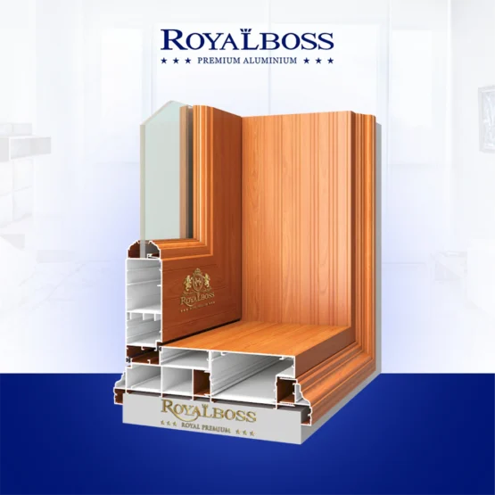 Nhôm hệ mở quay ROYALBOSS PREMIUM cửa đi tường đôi vân gỗ góc cắt
