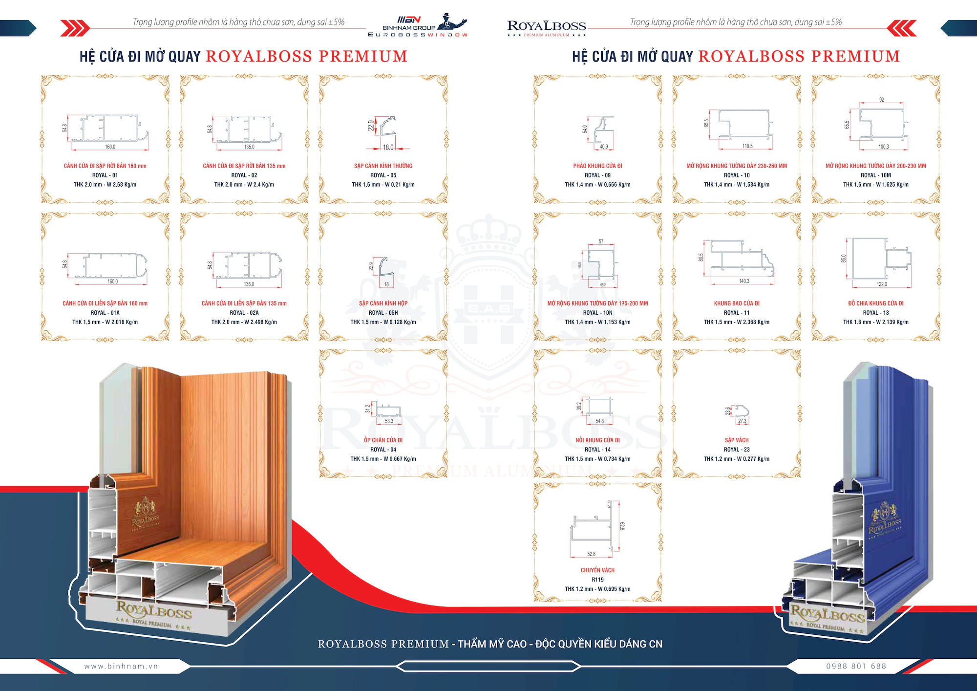 Nhôm hệ mở quay Royalboss Premium mặt cắt