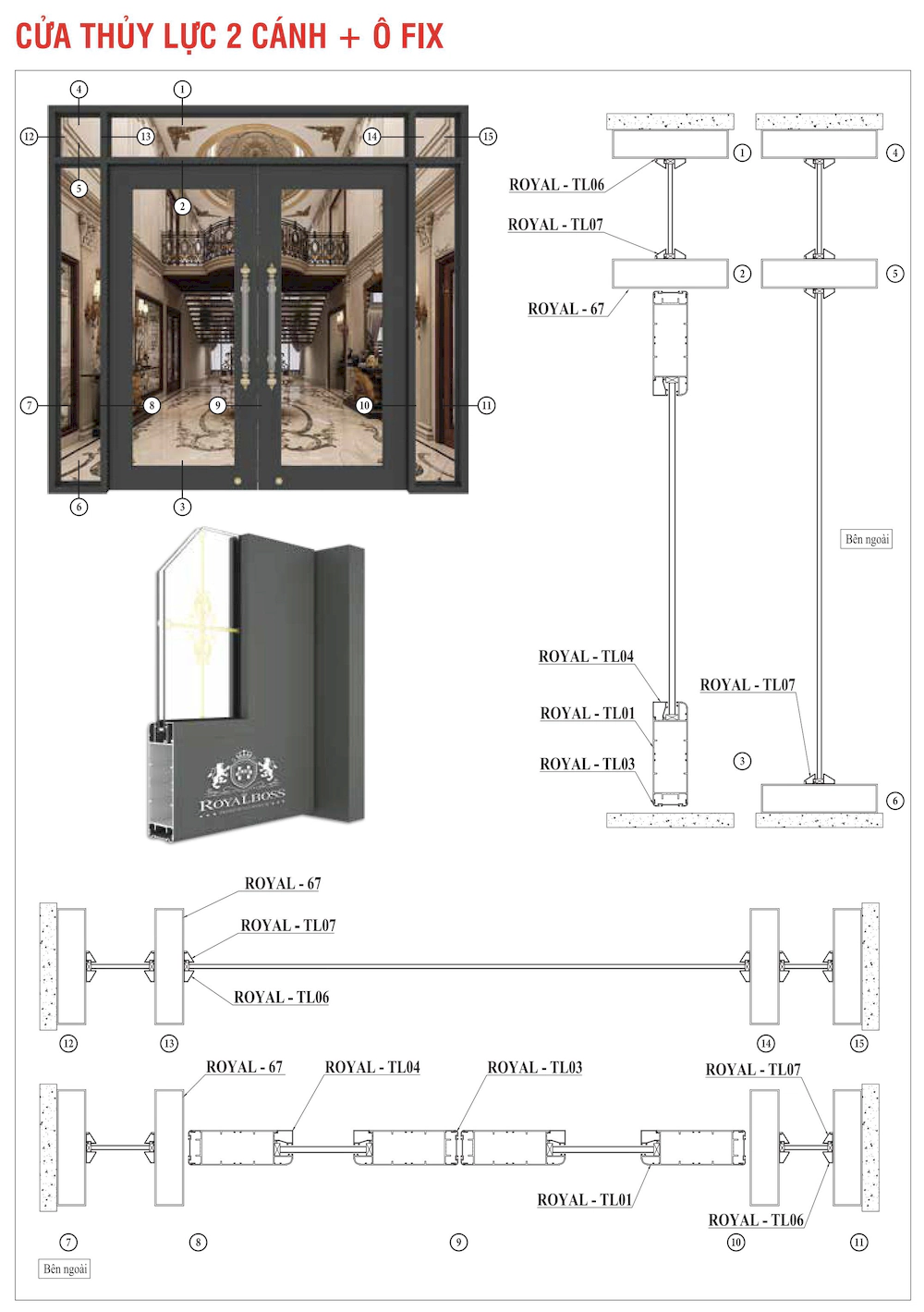 Nhôm hệ thủy lực Royalboss 2 cánh ô fix mặt cắt