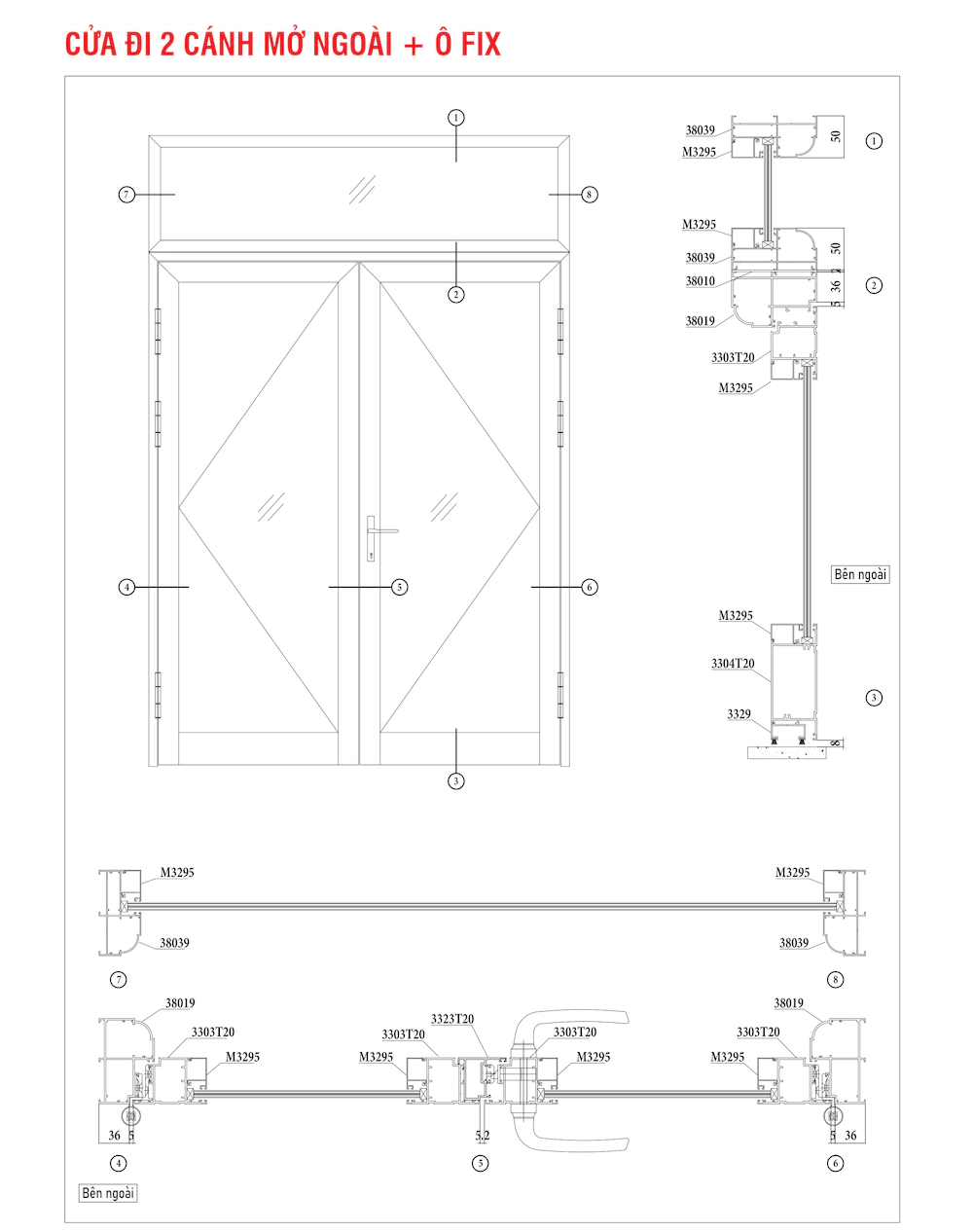 Nhôm hệ xingfa 100 cửa đi 2 cánh mở ngoài ô fix mặt cắt