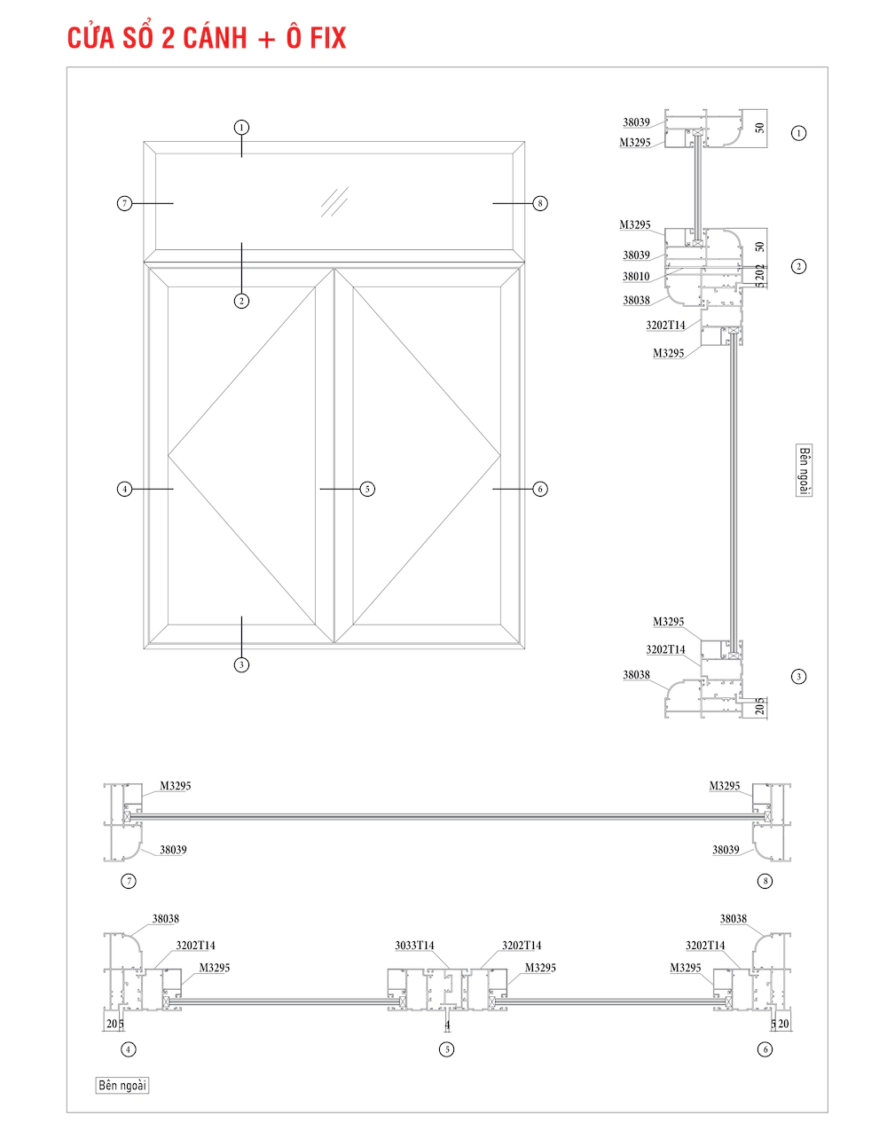 Nhôm hệ xingfa 100 cửa sổ 2 cánh ô fix mặt cắt