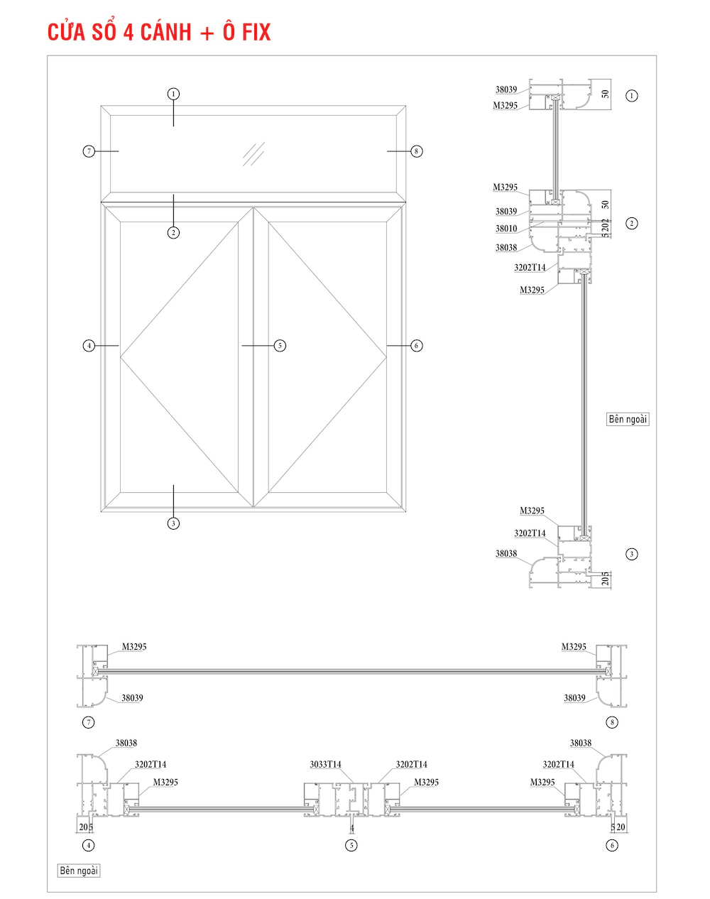 Nhôm hệ xingfa 100 cửa sổ 4 cánh ô fix mặt cắt