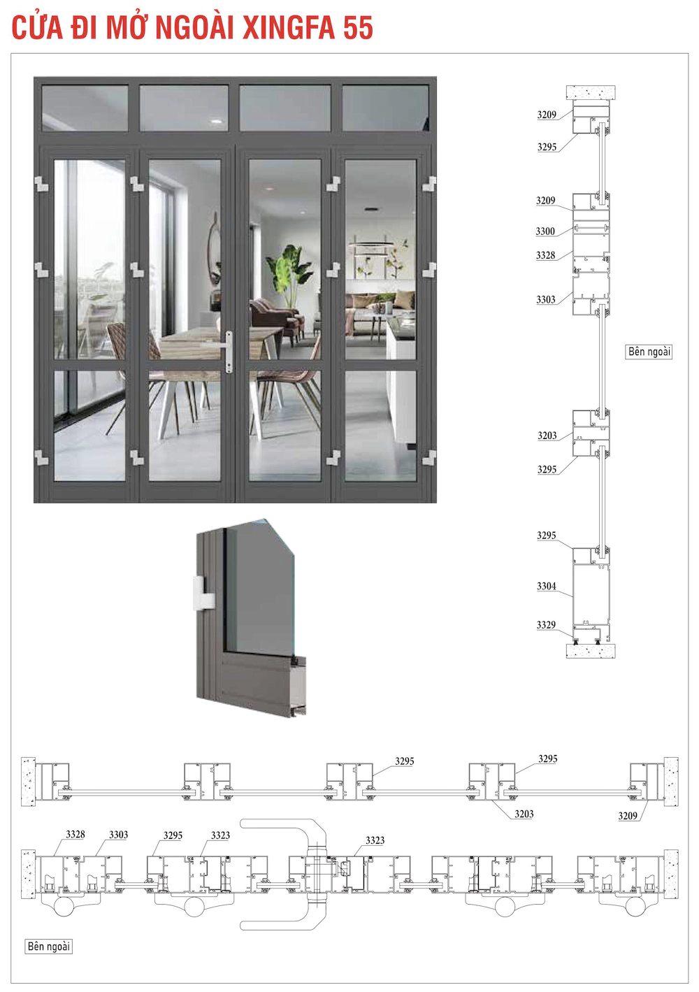 Nhôm hệ Xingfa 55 thường cửa đi mở ngoài mặt cắt
