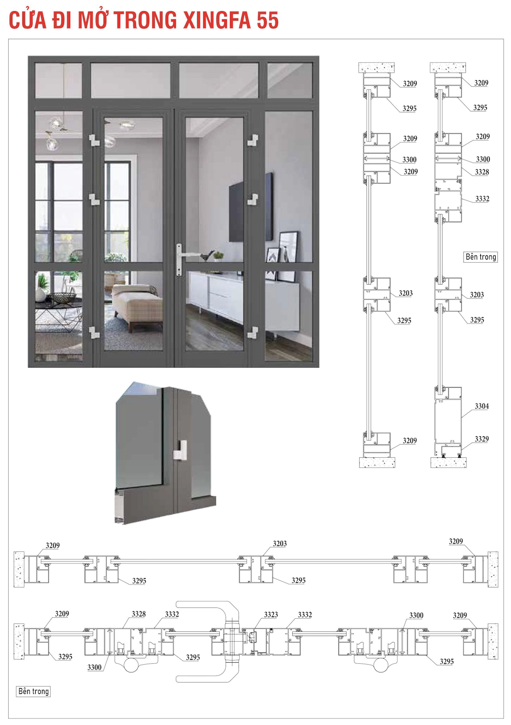 Nhôm hệ Xingfa 55 thường cửa đi mở trong mặt cắt