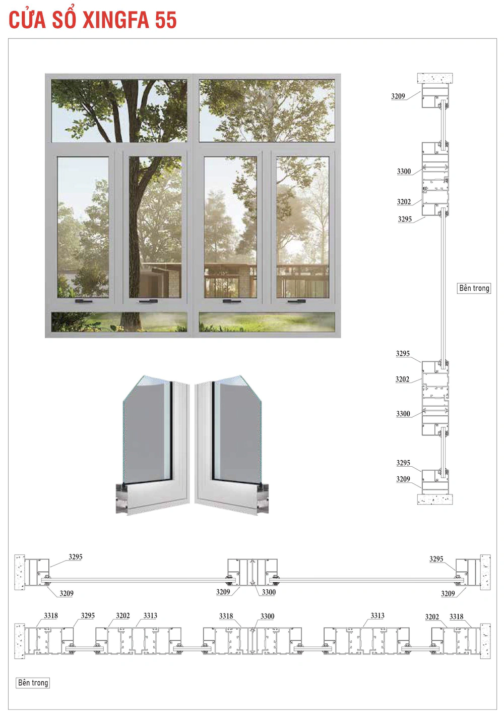 Nhôm hệ Xingfa 55 thường cửa sổ mở hất mặt cắt