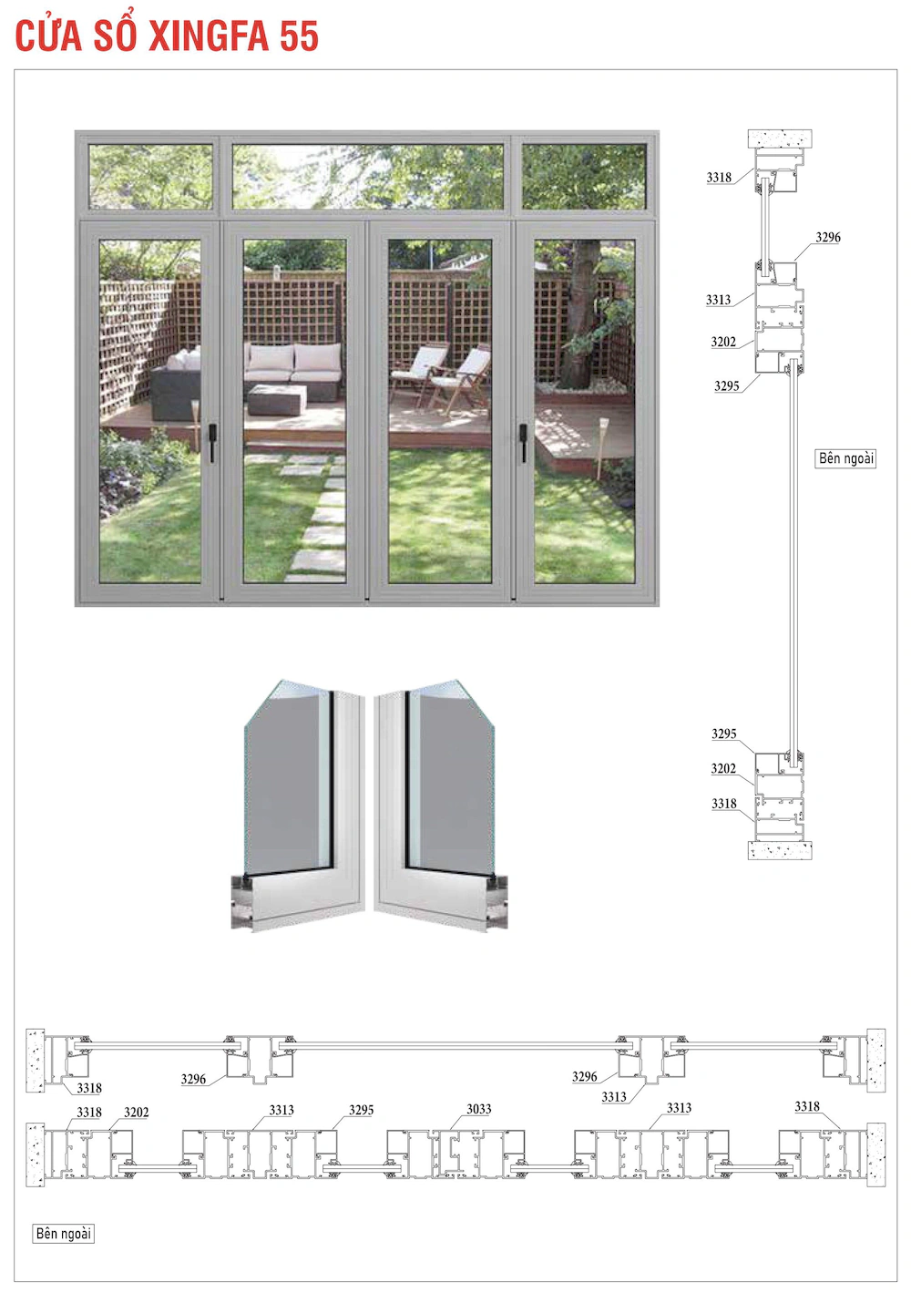 Nhôm hệ Xingfa 55 thường cửa sổ mở quay mặt cắt