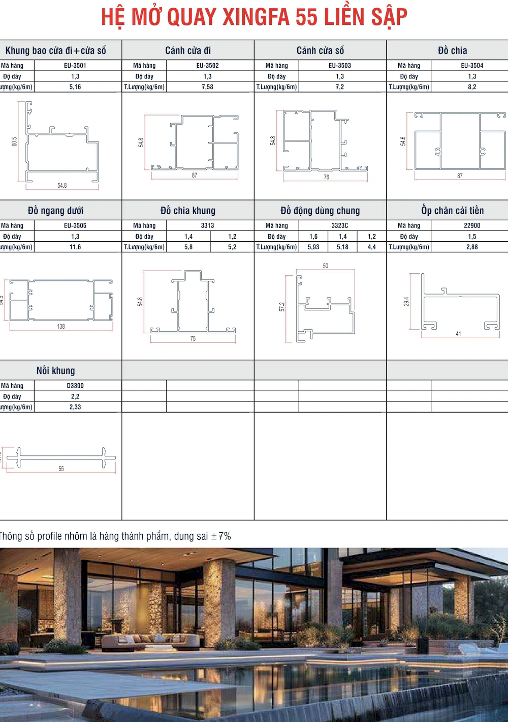 Nhôm hệ Xingfa 55 liền sập mặt cắt