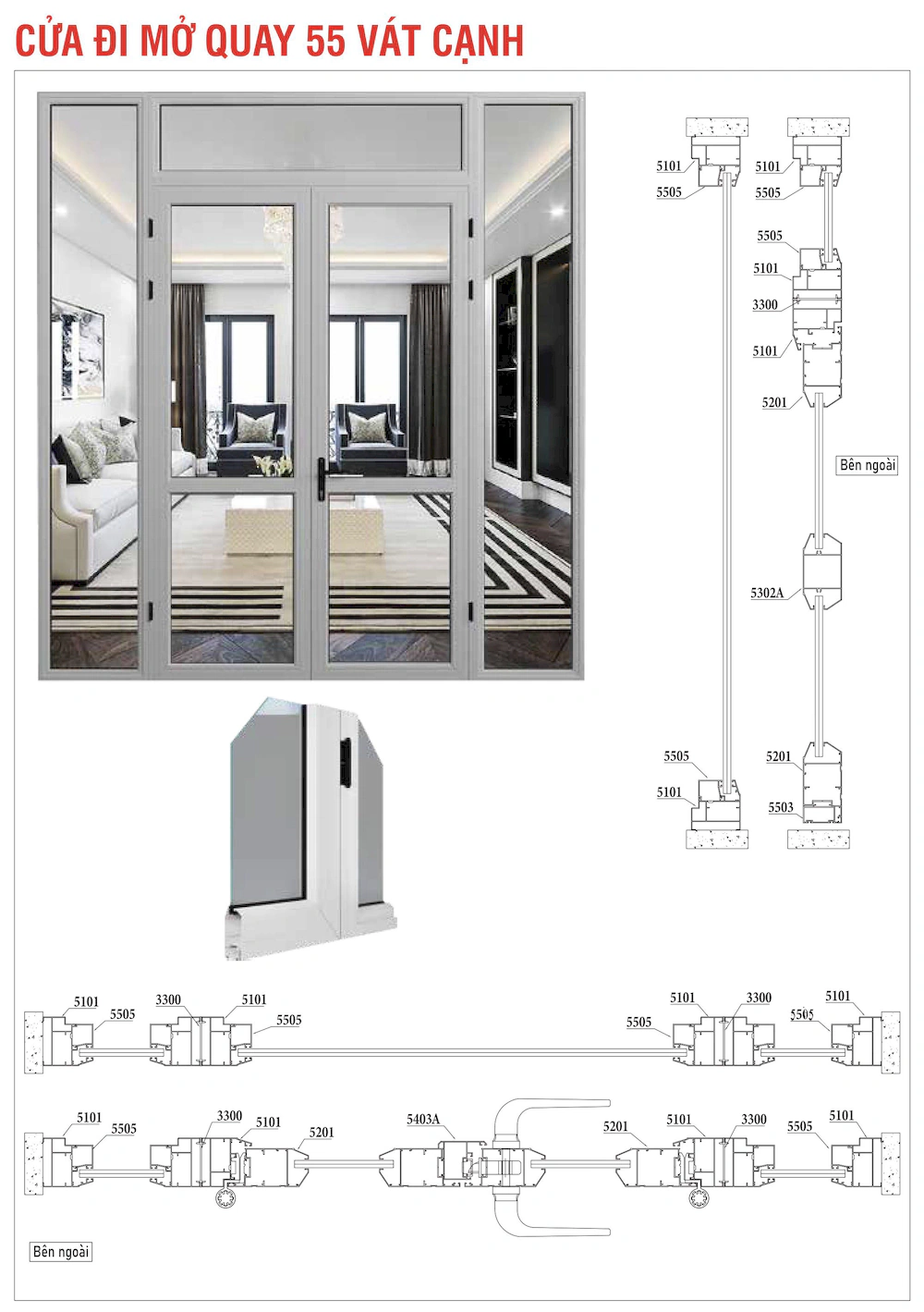 Nhôm hệ Xingfa 55 vát cạnh cửa đi mở quay mặt cắt