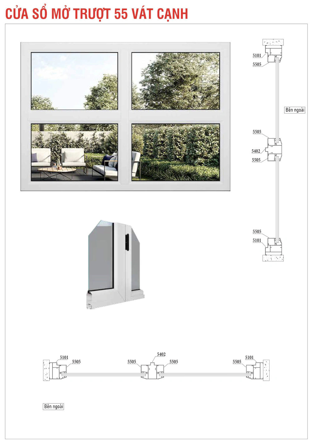 Nhôm hệ Xingfa 55 vát cạnh cửa sổ mở trượt 4 ô mặt cắt
