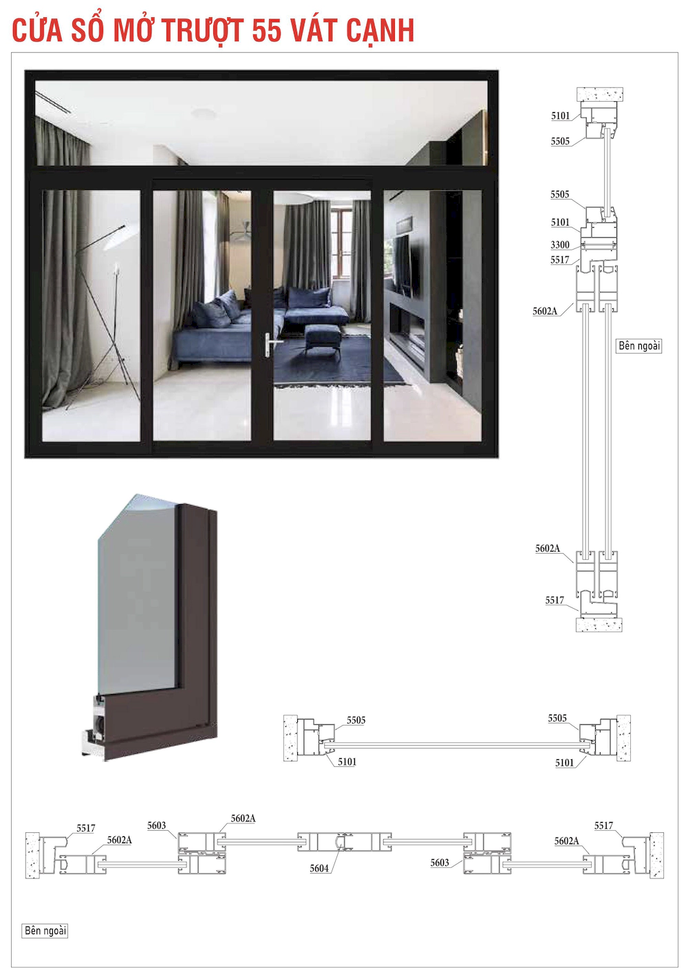 Nhôm hệ Xingfa 55 vát cạnh cửa sổ mở trượt mặt cắt