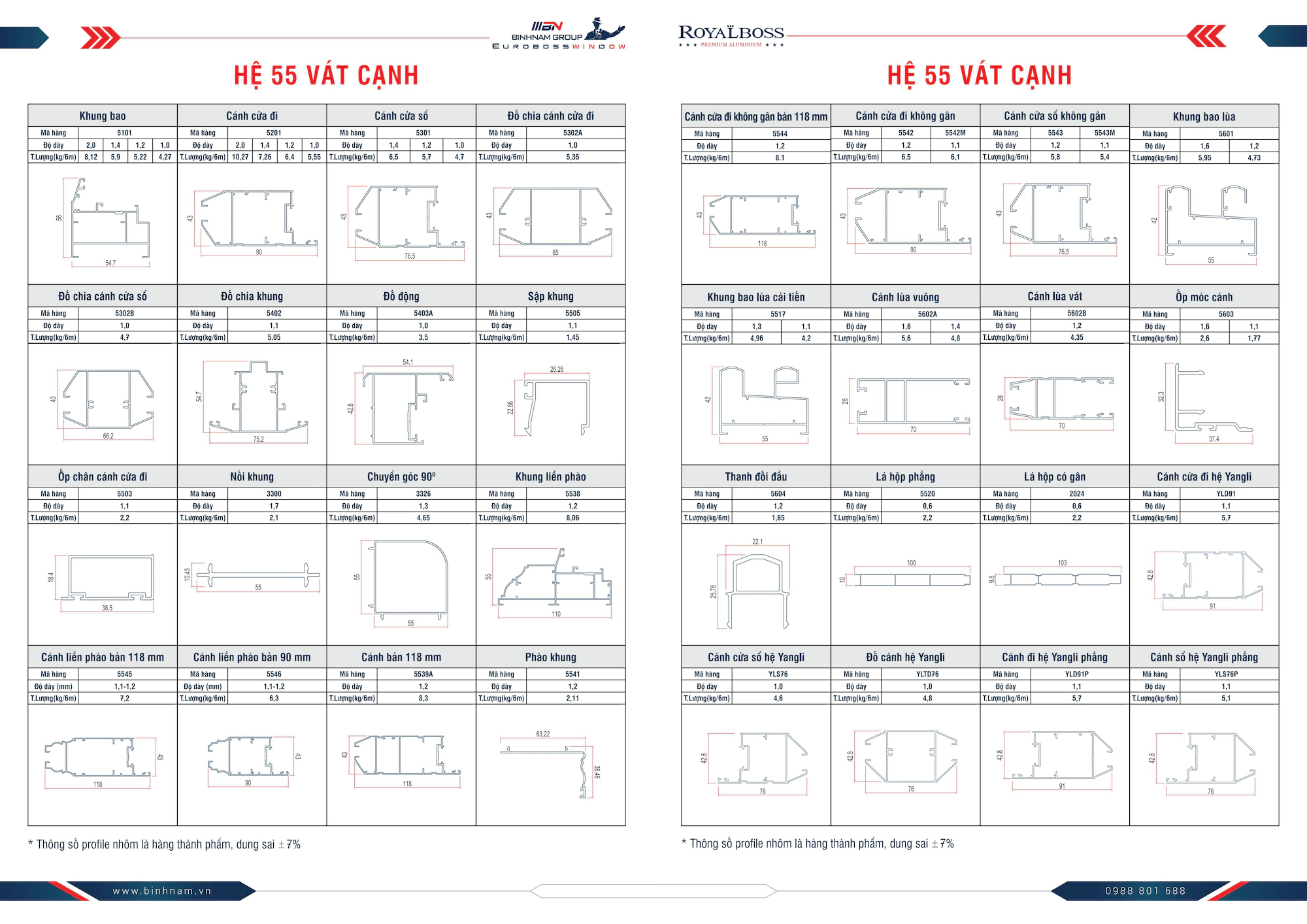 Nhôm hệ Xingfa 55 vát cạnh mặt cắt