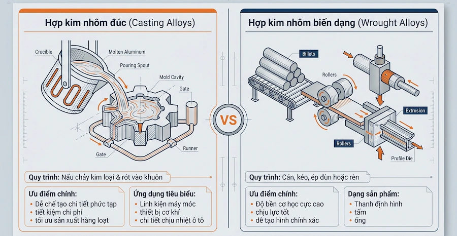 Phân loại hợp kim nhôm theo phương pháp gia công (Nguồn ảnh: Bình Nam Group)